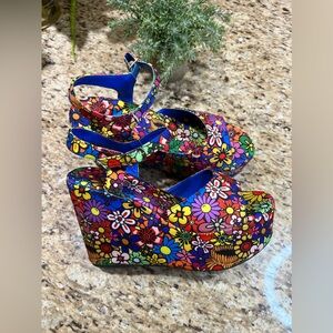 Unilody Floral Pattern Ankle Strap Platform Wedge Open Toe Sandals 10